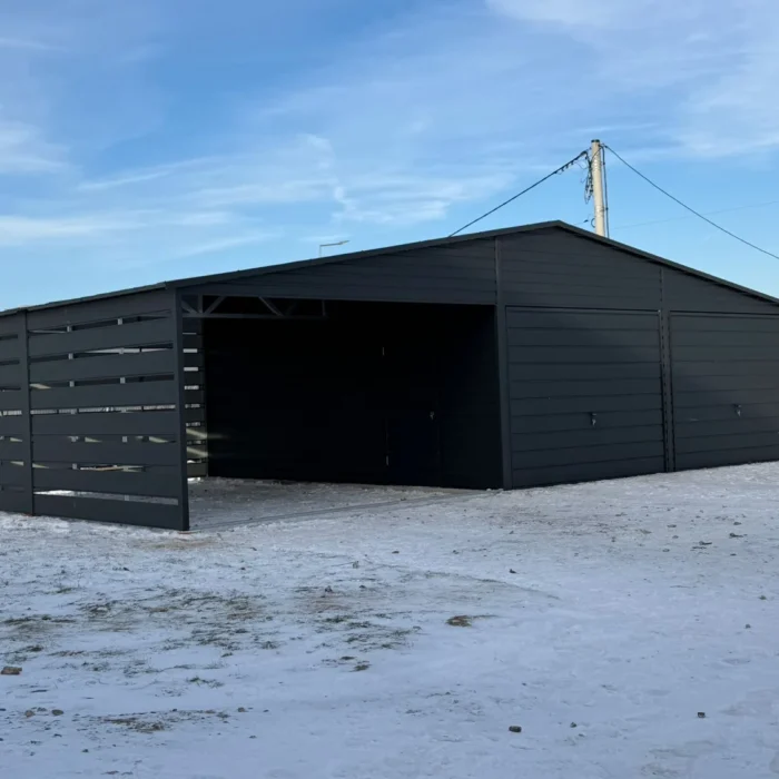 Garaż blaszany 10x6 z wiatą 4x6 – Grafit Mat 7016, dach dwuspadowy