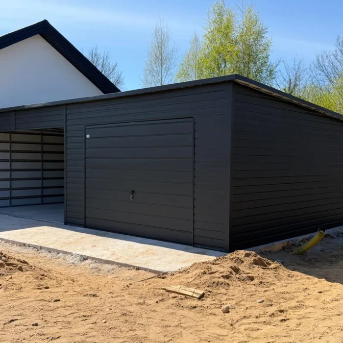Garaż 8x6 z wiatą 4x6 Grafit Mat